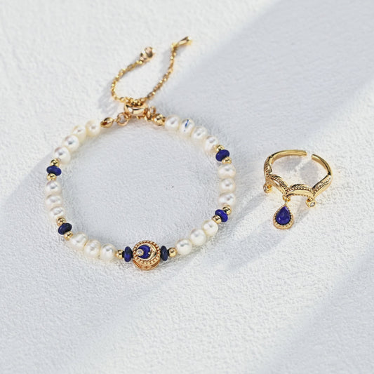 S925 Silver Vintage Natural Pearl Lapis Lazuli Bracelet